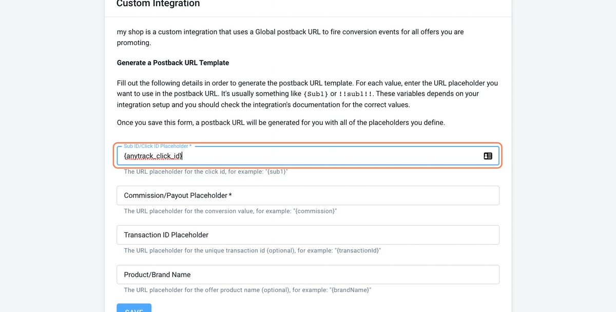 Fill the fields with the required placeholders